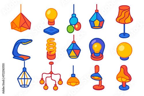Creative Lighting Designs. Isometric vector illustration set Creative Lighting Design: origami shade lamp, floating bulb, bubble