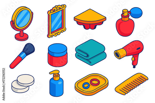 Vanity Essentials Icons. Isometric vector illustration set Vanity Essentials: round mirror, ornate frame, corner shelf, perfume