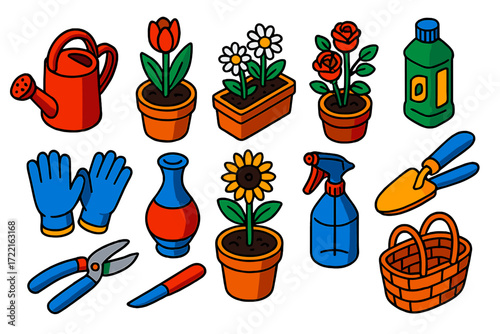 Flower Care Essentials. Isometric vector illustration set Flower Care: watering can, tulip pot, daisy planter, rose bush pot,