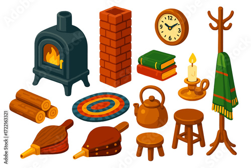 Vintage Hearth Objects. Isometric vector illustration set Vintage Hearth: cast iron fireplace, brick chimney, wood logs, bellows