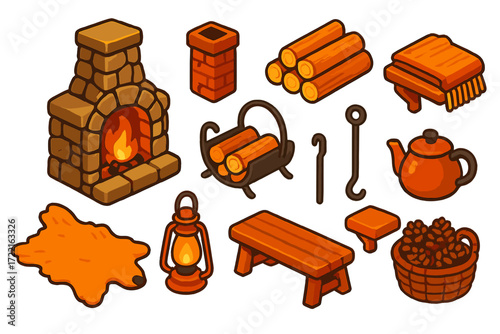Rustic Fireplace Essentials. Isometric vector illustration set Rustic Warmth: stone fireplace, chimney stack, log holder, firewood