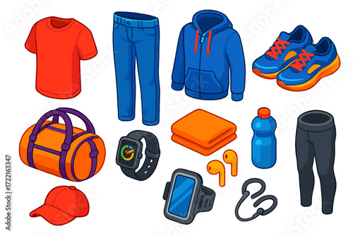 Sport Casual Icons. Isometric vector illustration set Sport Casual: dri-fit t-shirt, stretch jeans, zip hoodie, running sneakers,