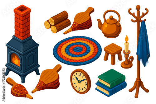 Vintage Hearth Objects. Isometric vector illustration set Vintage Hearth: cast iron fireplace, brick chimney, wood logs, bellows