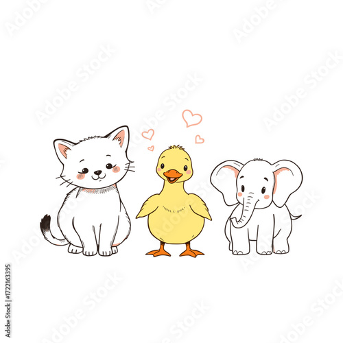 Cute cat, duck, and elephant friends with hearts on white background  