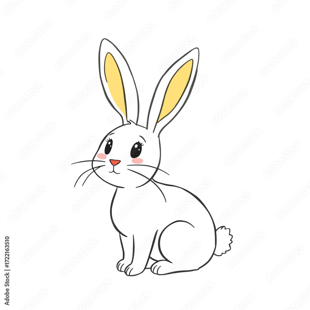 Obraz premium White rabbit with yellow ears sitting and looking curiously