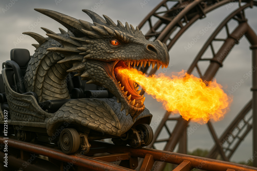 Obraz premium Fierce dragon-shaped roller coaster car breathing fire while racing along steel tracks, fantasy amusement ride design, surreal dragon roller coaster concept