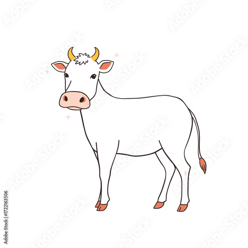 Cartoon cow standing with a cheerful expression on white background  