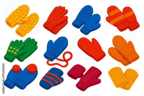 Cozy Knit Mittens. Isometric vector illustration set Cozy Knits: chunky knit mittens, woolen gloves, striped mittens, crochet