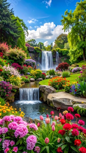 Lush garden with cascading waterfall