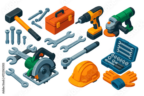 Heavy Duty Tools. Isometric vector illustration set Heavy Duty Tools: sledgehammer, anchor nails, bolt screws, steel toolbox,