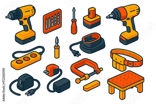 DIY Power Tool Set. Isometric vector illustration set DIY Power Kit: handheld drill, metal bits, precision screwdriver, spare
