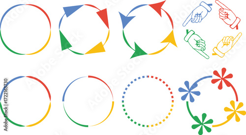 Four circle diagrams with segments of blue red green and yellow