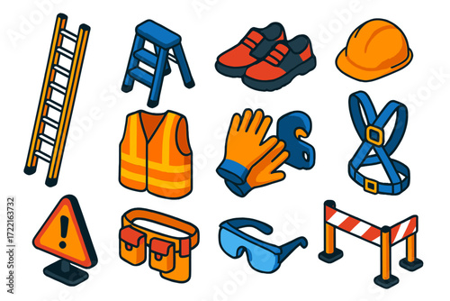 Work Safety Gear Icons. Isometric vector illustration set Work Safety Gear: extension ladder, folding step, non-slip shoes, safety