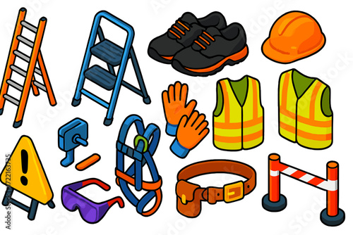 Work Safety Gear Icons. Isometric vector illustration set Work Safety Gear: extension ladder, folding step, non-slip shoes, safety
