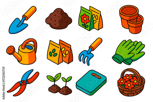 Colorful Gardening Icons. Isometric vector illustration set Flower Gardening: trowel shovel, soil mix, flower seeds, clay pots,