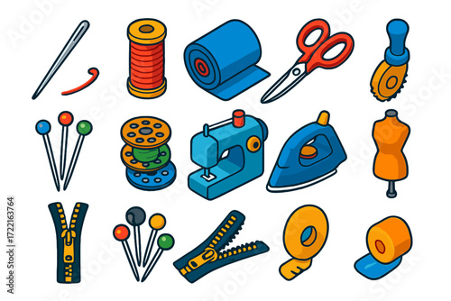 Tailoring Essentials Icons. Isometric vector illustration set Professional Tailoring: steel needle, polyester thread, fabric roll,