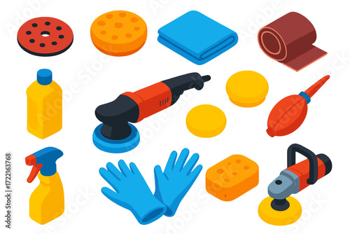 Car Detailing Tools. Isometric vector illustration set Car Detailing Tools: sanding disc, polishing pad, microfiber cloth,