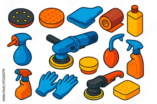Car Detailing Tools. Isometric vector illustration set Car Detailing Tools: sanding disc, polishing pad, microfiber cloth,