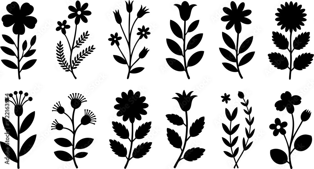 Fototapeta premium Simple Black Silhouette of a Plant with Leaves on White Background
