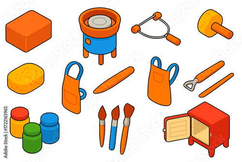 Pottery Studio Essentials. Isometric vector illustration set Pottery Studio: clay block, pottery wheel, sculpting wire, sponge,