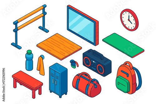 Dance Studio Essentials. Isometric vector illustration set Dance Studio: ballet barre, wall mirror, wooden floor, practice mat,