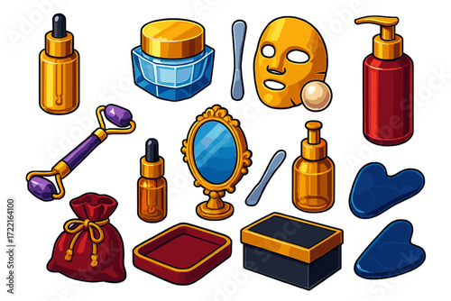 Luxury Skincare Icons. Isometric vector illustration set Luxury Skincare: gold serum bottle, crystal cream jar, pearl-infused mask