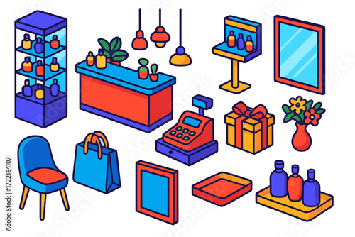 Perfume Shop Isometric. Isometric vector illustration set Perfume Shop Interior: glass display shelf, perfume counter, tester