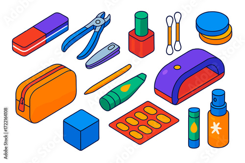 Vibrant Travel Manicure Set. Isometric vector illustration set Travel Manicure Set: mini nail file, small clippers, tiny polish,