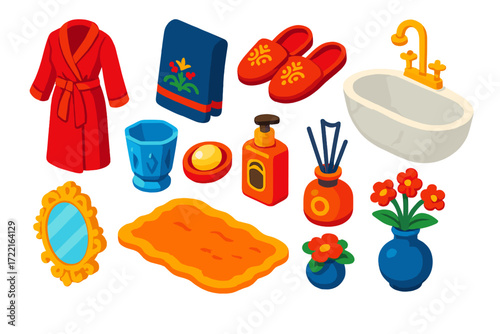 Luxury Bath Essentials. Isometric vector illustration set Luxury Bath: silk robe, embroidered towel, velvet slippers, gold faucet,