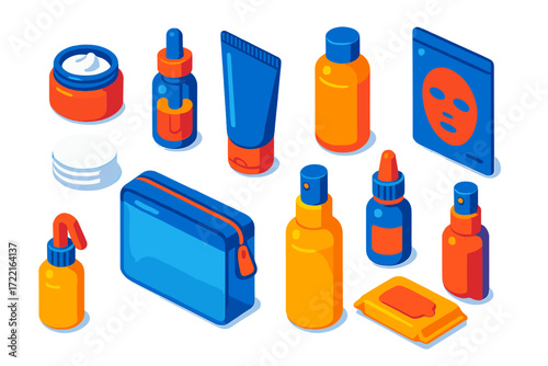 Vibrant Travel Skincare Essentials. Isometric vector illustration set Travel Skincare Kit: mini cream jar, tiny serum bottle,