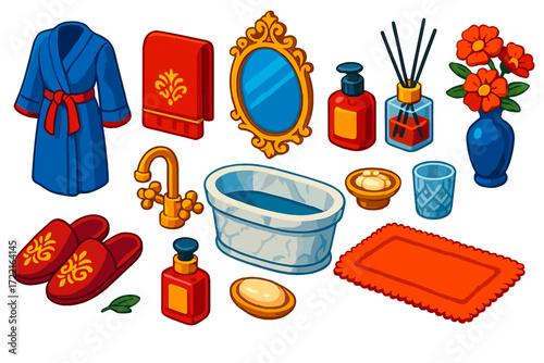Luxury Bath Essentials. Isometric vector illustration set Luxury Bath: silk robe, embroidered towel, velvet slippers, gold faucet,