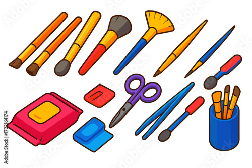 Professional Eye Tools. Isometric vector illustration set Professional Eye Tools: angled brush, blending brush, smudge brush, fan