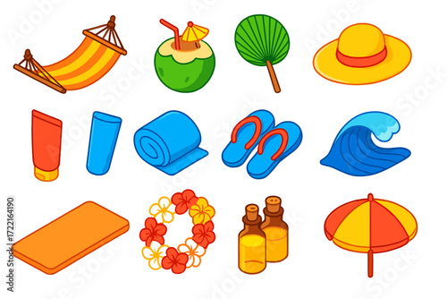 Beach Spa Essentials. Isometric vector illustration set Beach Spa Relax: hammock, coconut drink, palm leaf fan, sun hat, sunscreen