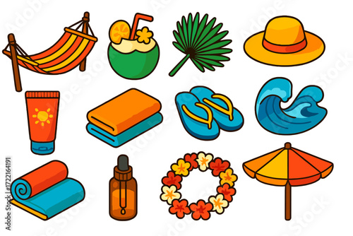 Beach Spa Essentials. Isometric vector illustration set Beach Spa Relax: hammock, coconut drink, palm leaf fan, sun hat, sunscreen