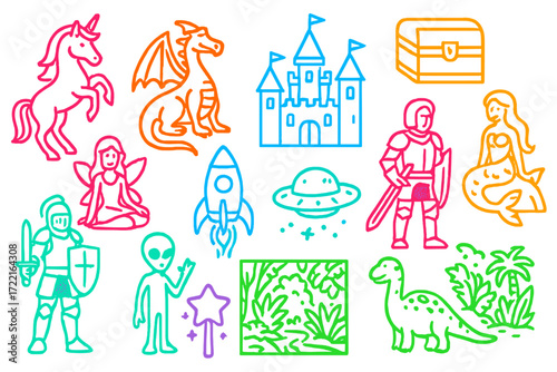 Fantasy Coloring Icons. Isometric vector illustration set Fantasy Coloring Pages: unicorn drawing, dragon sketch, fairy outline,