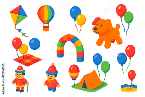Colorful Balloon Extravaganza. Isometric vector illustration set Outdoor Balloon Fun: kite balloon, hot air balloon toy,