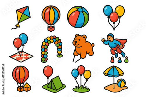 Colorful Balloon Extravaganza. Isometric vector illustration set Outdoor Balloon Fun: kite balloon, hot air balloon toy,