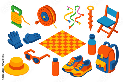 Kite Flying Essentials. Isometric vector illustration set Kite Flying Accessories: kite string spool, reel winder, kite tail