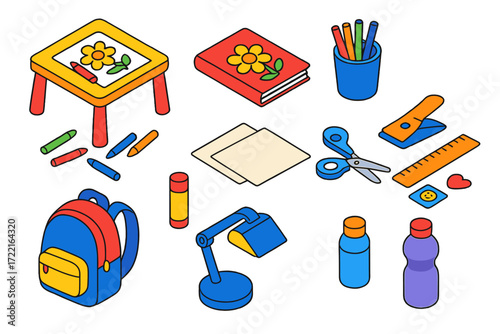 Kids Craft Essentials. Isometric vector illustration set Coloring Activity: kids table, coloring book, crayons scattered, cup of