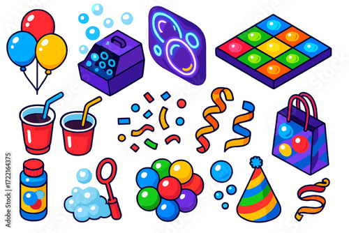 Bubble Party Extravaganza. Isometric vector illustration set Bubble Party: bubble balloons, bubble machine, neon lights, dance