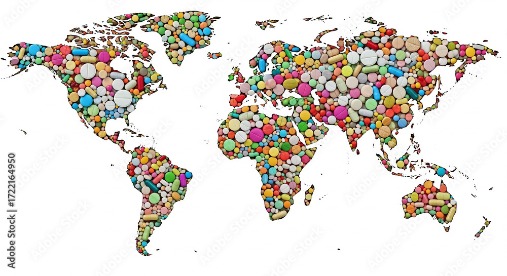 Fototapeta premium Global healthcare and pharma illustration; world map composed of pills, capsules, and supplements; Symbolic design representing international pharmaceutical reach and modern medical concepts