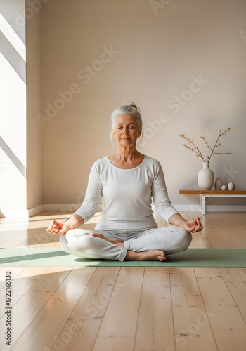 older woman meditating in a yoga pose