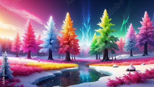 Colorful Christmas forest with rainbow trees under aurora lights