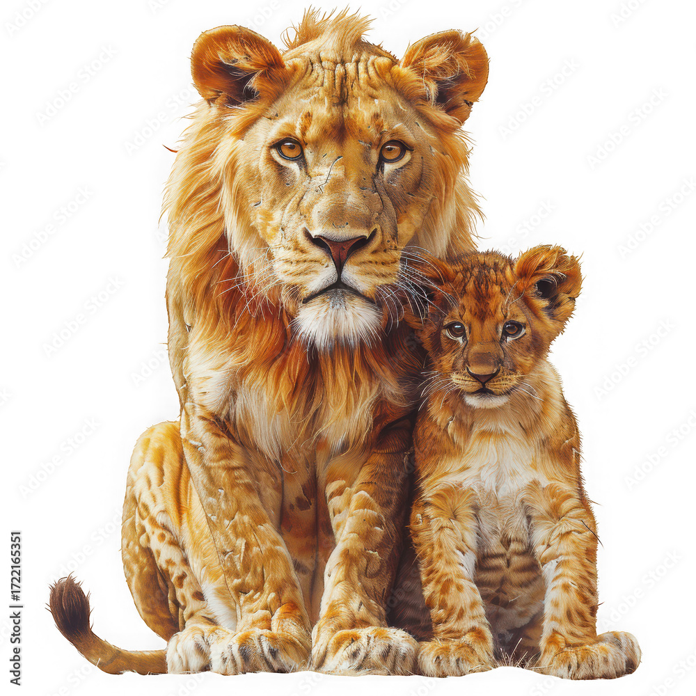 Obraz premium A heartwarming portrait of a majestic lion and its adorable cub, isolated on transparent background, showcasing the tender bond between parent and offspring