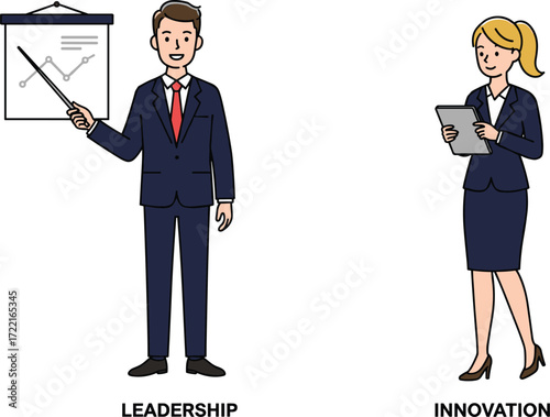Business man presenting leadership strategy, business woman showing innovation, corporate teamwork, office presentation, professional growth, management concept, career success illustration