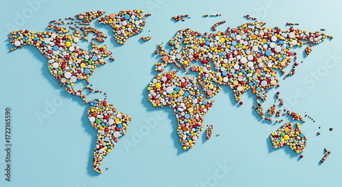 Colorful pharma world map; global pharmaceutical industry with continents made of vivid pills, capsules, tablets. High-resolution medical & healthcare themed illustration for editorial & corporate use