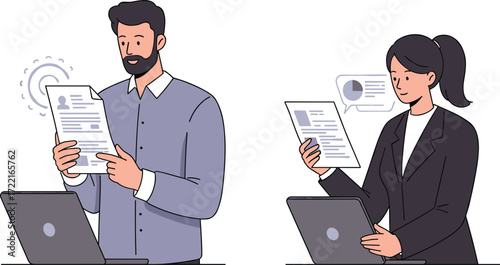 Business professionals reviewing resumes on laptop, job recruitment process, candidate evaluation, HR interview preparation, office teamwork, employment hiring concept illustration
