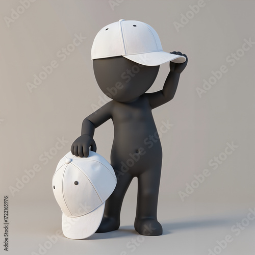 Cartoon character adjusting white baseball cap while holding another cap  