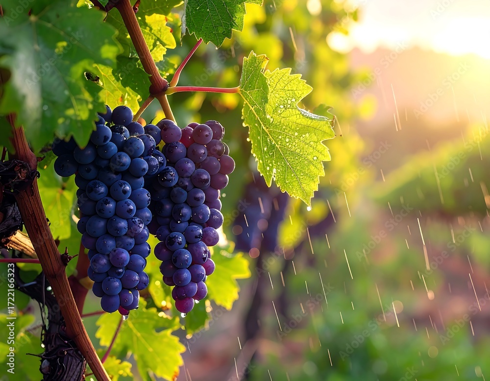 Fototapeta premium Lush grapes in vineyard after rain