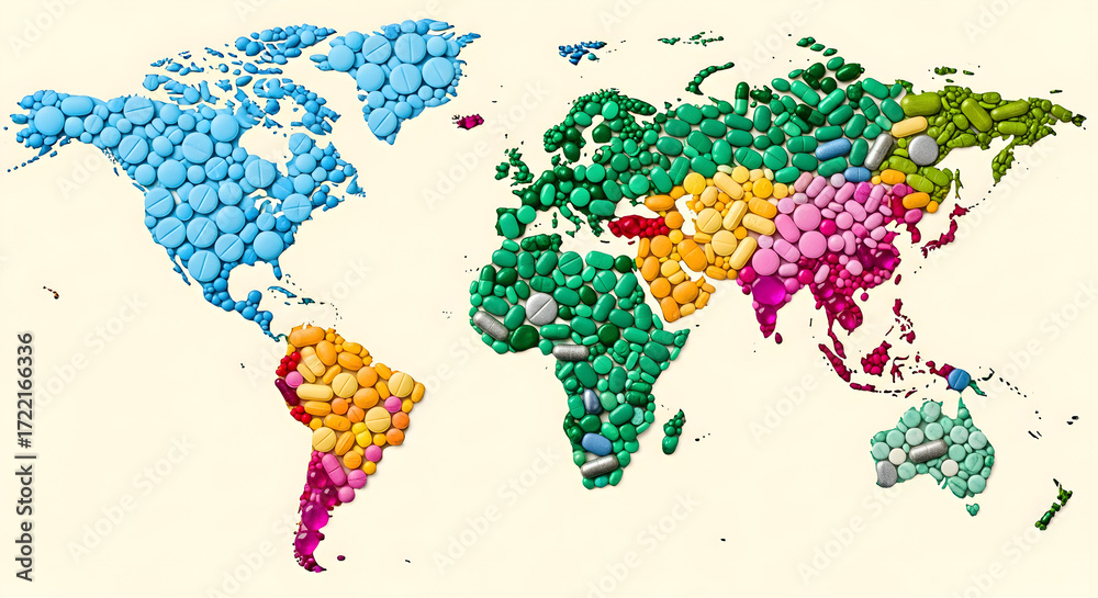 Fototapeta premium Global healthcare and pharma illustration; world map composed of pills, capsules, and supplements; Symbolic design representing international pharmaceutical reach and modern medical concepts